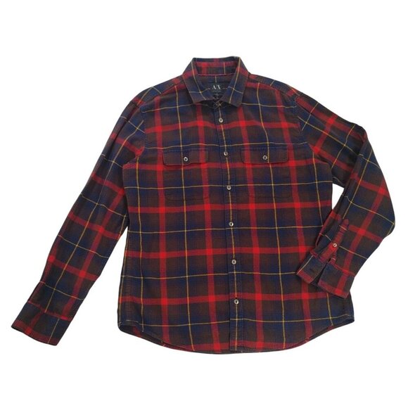 Armani Exchange Red & Navy Plaid Button-Up Flannel Shirt L/S Mens Size L Cotton - Picture 4 of 7